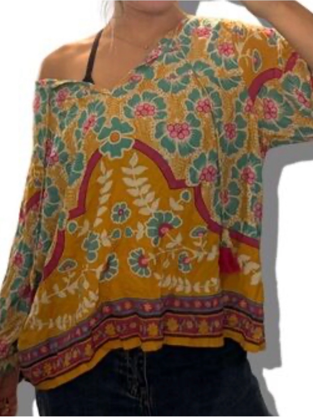 Natural Life Boho Yellow & Turquoise Floral Tassel Peasant Top SZ XL oversized - Picture 6 of 9